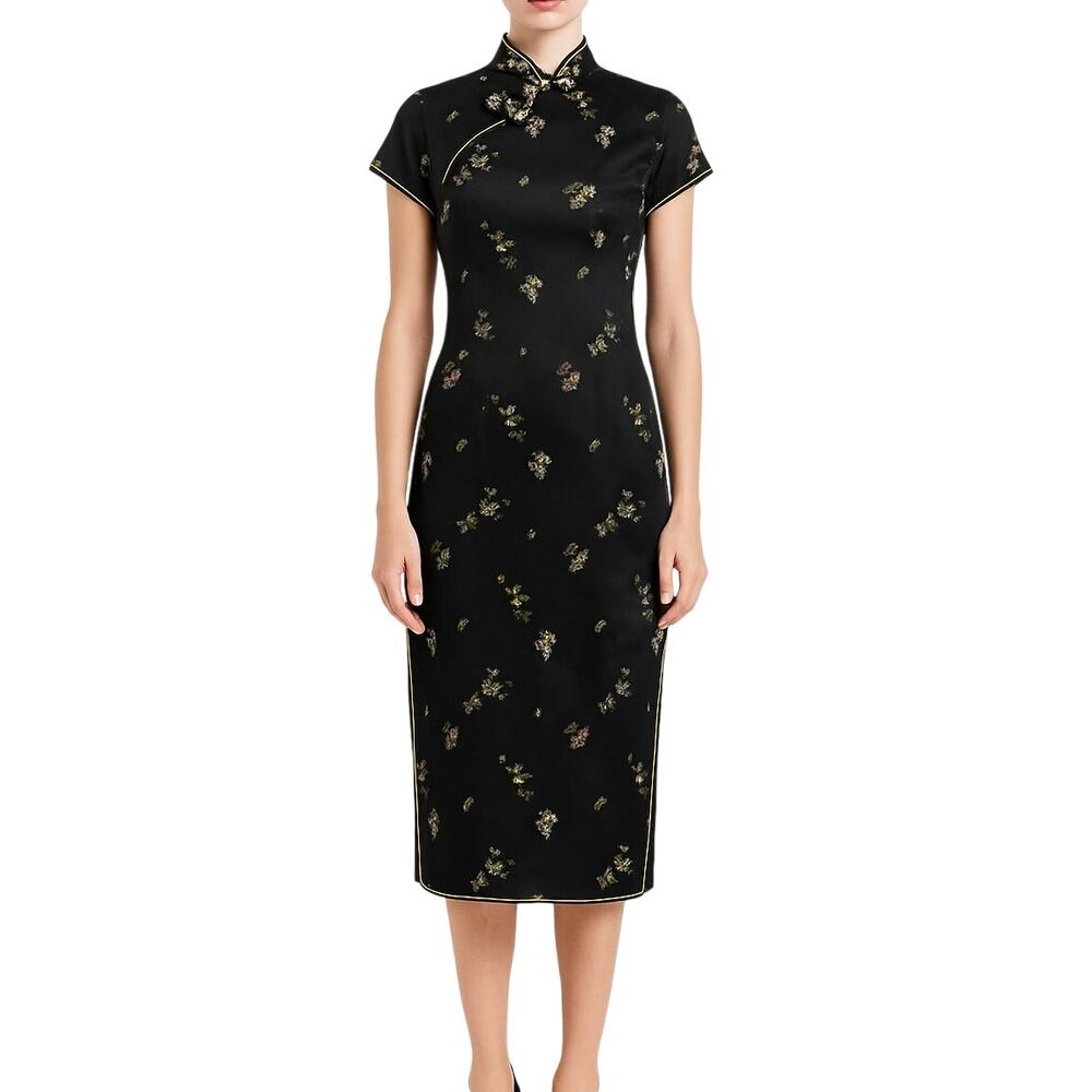 1980s Japenese Vintage Traditional Cheongsam Kimono Dress Black Floral Large